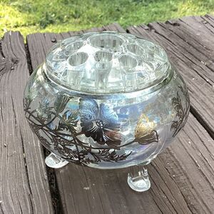 Vintage Iridescent Glass Flower Frog Vase Bowl Silver Overlay Floral Design